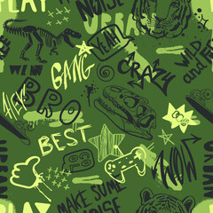 hand drawn pattern for boys. Slogans, graffiti background. For children's textiles, wrapping paper, prints
