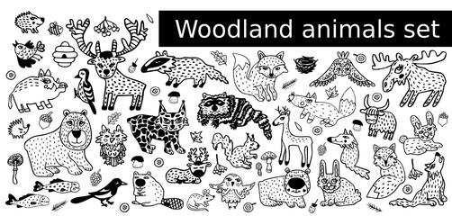 Big set with cute woodland animal: bear, fox, hare, wolf, elk, deer, beaver, raccoon, badger, squirrel, boar. Black doodle with forest birds: magpie, woodpecker, owl. Wildlife for cartoon design icons © Natalia Sadykova art