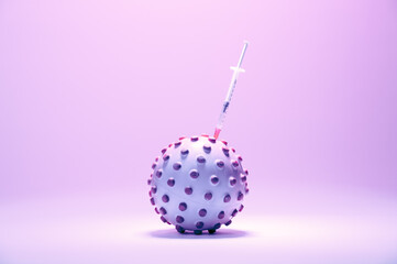 Concept image of the coronavirus, with a syringe with a vaccine in it, on a pink background, tinted in light pink