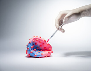 The defeated coronavirus. A conceptual representation of the coronavirus vaccination process. The syringe with the vaccine in the doctor's hand. On a white background