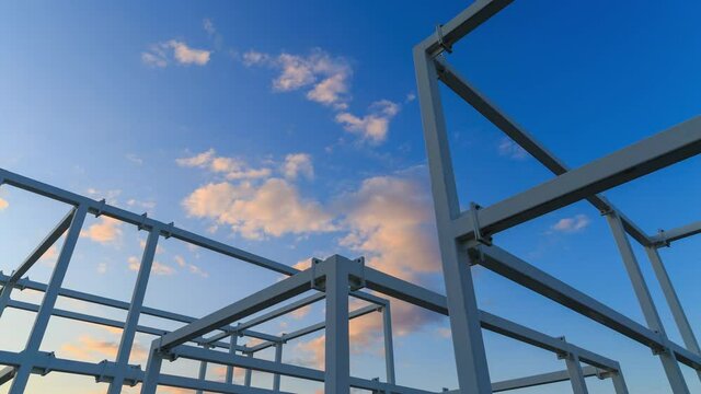 Metal structure on the construction site of a office building at sunset - time lapse of modern architecture. Abstract silhouette of steel pipes under fast moving orange clouds in blue sky.