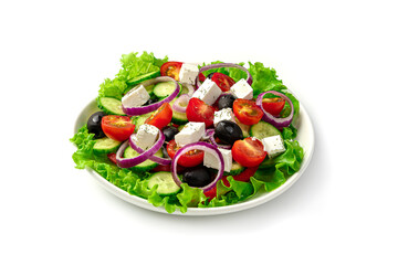 White plate with fresh Greek salad isolated on a white background.
