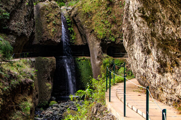 Waterfall on the Levada Nova hiking trail, Tabua valley, Madeira, Portugal