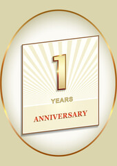 1 year anniversary, birthday card with 1th in gold color, vector design for celebration, invitation and greeting card, logo, template.