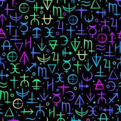 seamless pattern of colourful neon alchemical signs on a black background