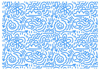 Pattern drawn by a line of doodles forming abstract faces, characters and objects.