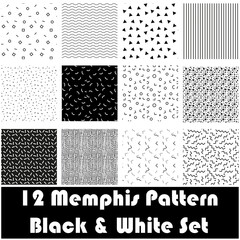 Memphis seamless patterns. Fashion 80-90s. Set of 12 in black and white color