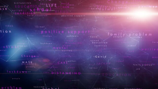 Covid-19 Coronavirus modern colorful violet blue word cloud animation background.