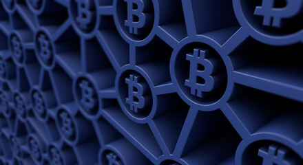 Bitcoin cryptocurrency symbol blockchain technology background. 3D Rendering