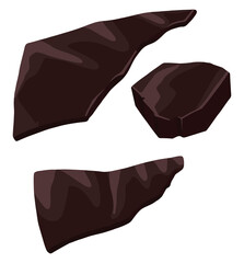 Slices, broken pieces of chocolate. Colored set of chocolate. Hand drawn vector illustrations. Realistic cliparts isolated on white. Volumetric drawing for design, stickers, wrap, candy shop, menu.