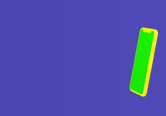 Yellow smartphone with a green screen on purple background for a copy space