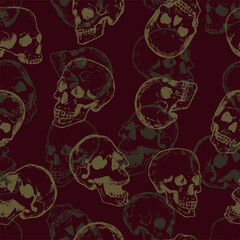 Various scary human skulls. Hand drawn vector seamless pattern. Spooky engraving style ornament. Halloween vintage outline design for background, wallpaper, print, wrap, textile, fabric, decor, card.
