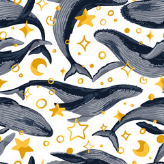 Seamless pattern of blue whales, stars. Hand drawn vector illustration. Ocean animal ornament. Beautiful underwater fauna. Colored design for fabric, textile, background, wallpaper, print, decor, wrap