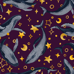 Seamless pattern of blue whales, stars. Hand drawn vector illustration. Ocean animal ornament. Beautiful underwater fauna. Colored design for fabric, textile, background, wallpaper, print, decor, wrap