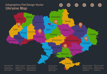 Infographics Ukraine map, flat design colors, with names of individual regions, blue background with orange points vector