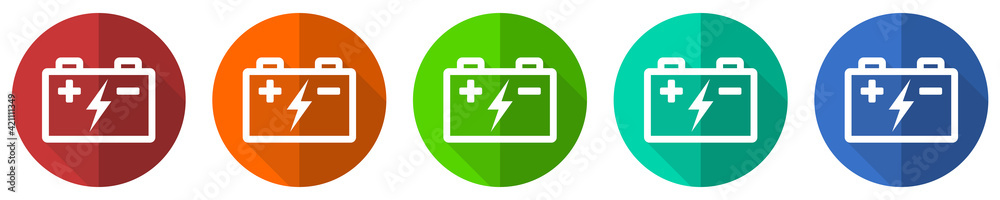 Poster battery, power storage icon set, flat design vector illustration in 5 colors options for webdesign a