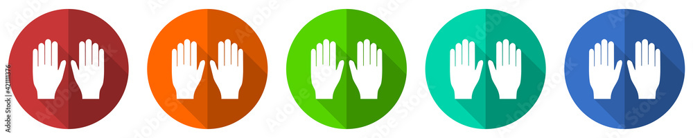 Aufkleber gloves, hands protection icon set, flat design vector illustration in 5 colors options for webdesign