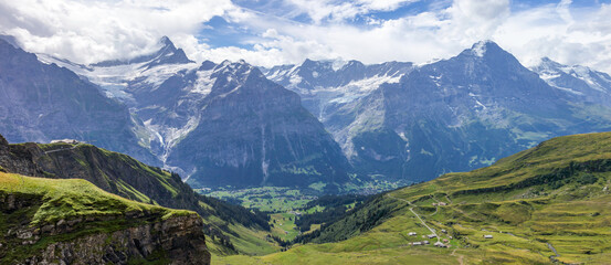 The Grindewald Valley and mountain trail in Switzerland on a sunny day