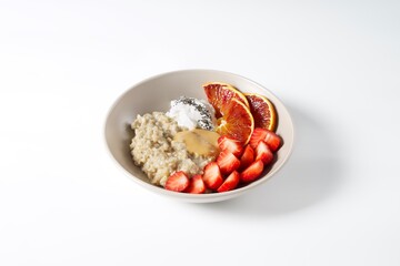 Bowl with oatmeal, Sicilian oranges, strawberries, yogurt and peanut butter