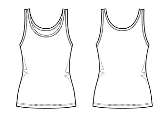 Cotton-jersey tank technical fashion illustration. Flat basic apparel template front back.