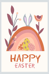 Fototapeta na wymiar Boho Cartoon Easter Concept Design, Bunny, Eggs, Flowers Rainbow in Pastel Trendy Color.