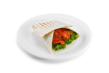Shawarma sandwich on paper plate isolated on white background.