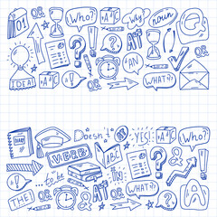 Doodle vector pattern. Illustration of learning English language. E-learning, online education in internet.