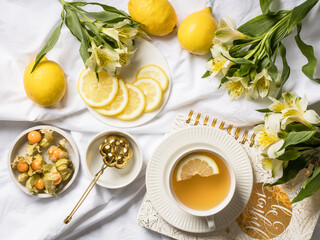 Tea with lemon, berries and yellow flowers, flatlay