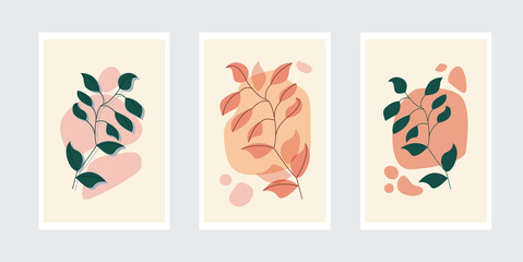 Botanical Wall Art Vector Poster Set. Minimalist Foliage with Abstract Simple Shape.