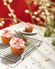Apple cupcakes with raspberry cream cheese with hard light