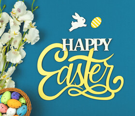 Happy Easter greeting card concept, poster with easter eggs, bunny and wooden text on a pastel background, square