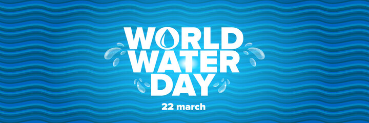 World water day horizontal banner design template. 22 march International water day concept horizontal vector illustration with text and water bubbles on blue water background.