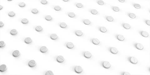A pattern of pills on a white background. Background of medicines. 3d rendering