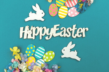 Fototapeta na wymiar Easter background with easter eggs, postcard with holiday decorations