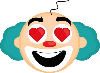 Vector emoticon illustration of the head of a cute cartoon clown with a happy and loving expression, with his eyes in the shape of a heart