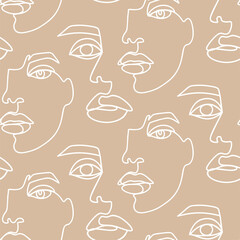 Abstract one line seamless pattern. Continuous Outline background with female faces. Modern Woman aesthetic contour. Fashion print. Surreal texture. - 421114137