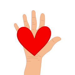 Heart in the hand of a man on a white background. Symbol for charity, voting, donation, social assistance. Romantic postcard. Vector graphics.