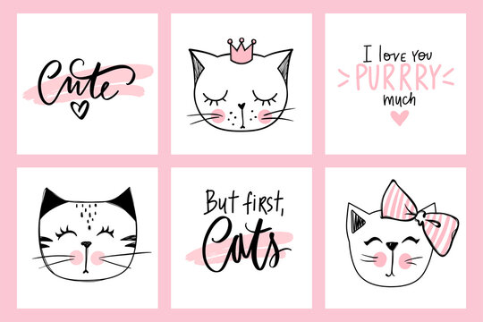 Vector doodle cats illustrations and kitten quotes. Cartoon animals. Cute kitty in sketch style for t-shirt print, cards, poster. Kids animals series.