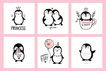 Cute doodle penguin illustrations. Vector animals isolated on white, naive art. Hand drawn penguins character with camera, balloon, princess, in love.