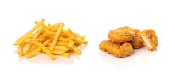 French fries and Chicken nuggets isolated on white background.