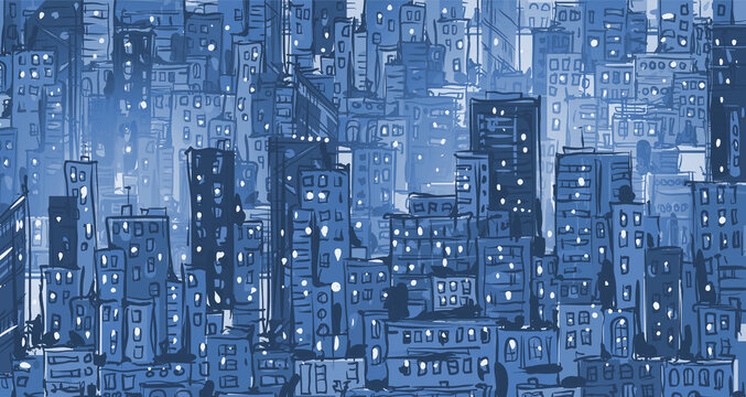 Night city landscape. Urban hand drawn illustration