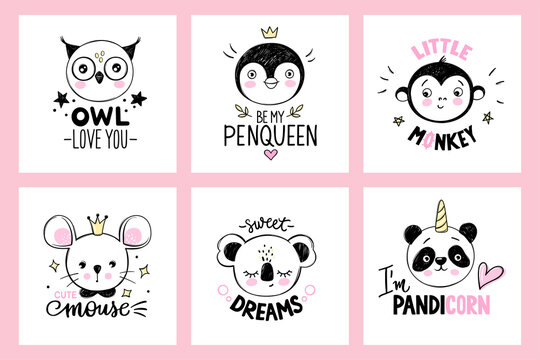 Owl, penguin queen, monkey princess, mouse, panda unicorn, koala faces in sketch style. Doodle animals. Funny quotes. Cute children's vector illustrations