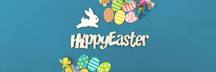Happy Easter banner with bunny and easter eggs, holiday decoration, greeting card concept