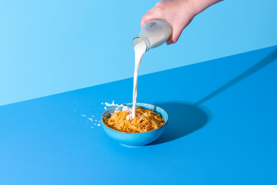 Pouring milk in a cereal bowl on a blue background. Cornflakes and milk.