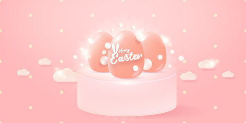 Happy Easter bright pink horizontal banner with soft 3d realistic egg on pastel pink background. Soft clay 3d style happy easter concept vector illustration. Happy easter background