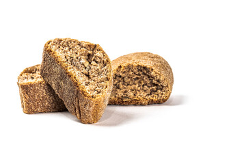 Biscuit croutons with walnuts against white background