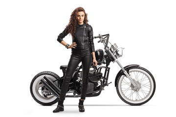 Fototapeta na wymiar Full length portrait woman with a chopper motorbike posing