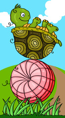 Illustration of turtle plays on top of ball in the forest
