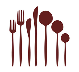 Cutlery set of seven pieces, forks, spoons and knives. Tableware icons isolated on transparent background