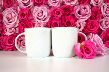 Obraz na płótnie Canvas Flower wall aesthetic Mother s Day Valentine wedding coffee mug product mockup.
